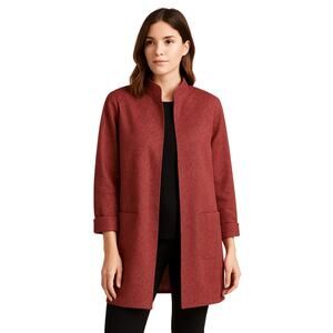 Chico's Jacquard Metallic Brocade Jacket Open Front Burgundy Gold Lurex Size 3